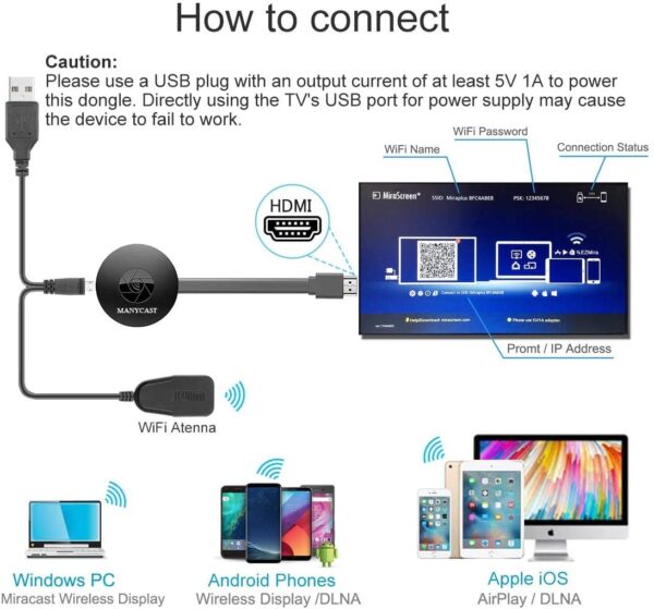 WiFiBezicniHDMITVAdapter ChromecastMiracastAirPlay 3 - Ovaj WiFi bežični HDMI TV Adapter pruža ti mogućnost da preneseš zabavu s bilo kog uređaja direktno na TV. Evo nekih ključnih karakteristika i specifikacija:
