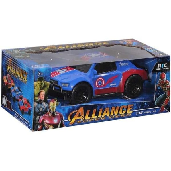 alliance super hero rc car captain america ourkids 3 5000x a0541abf 9702 4a8b b42e 7b1054419942 - Avengers auto na daljinsko upravljanje ce oduseviti svakog decaka. Fantasticnog je dizajna i napravljen je od tvrde, kvalitetne plastike. Za rad daljinskog poterbne su 2 baterije 1.5V AA a za auto 3 AA baterije 1.5V koje nisu u pakovanju. Namenjen je uzrastu 3+ godina. Obradujte svog decaka.