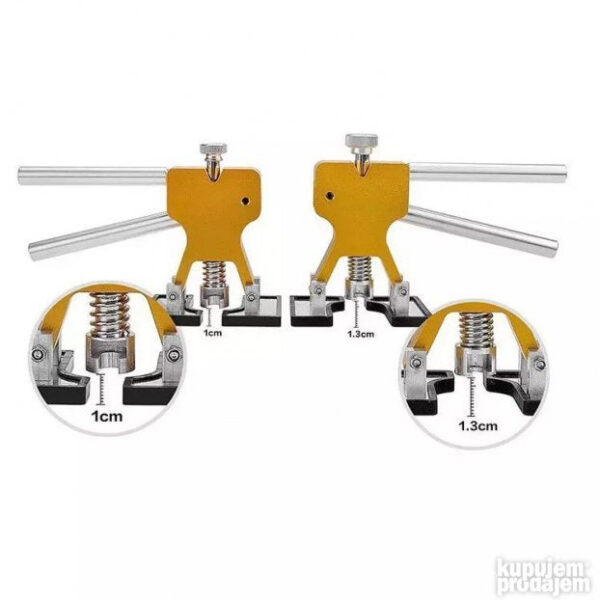 big 143294145 635e6f0a2d9952 02383686H913a606e5e8147 - Popravak karoserije kod autolimara može potrajati danima ali i koštati cijelo bogatstvo. Nema više potrebe za tim! Sada većinu ulubljenja na svom automobilu možete srediti za pola sata. Ovaj magični alat za izvlačenje radi na principu kliješta. Sastoji se od dvije ručke i dvije gumene stopice između kojih se nalazi opruga za podizanje lima tj. izvlačenje udubina. Dolazi zajedno s netoksičnim ljepljivim pečatima koji se moraju postaviti na mjesto udubljenja a zatim povući pomoću opruge. Pečati se lako skidaju s lima poslije njegovog ravnanja i ne oštećuju boju. Uklanja oštećenja na limu uzrokovana starenjem i elementarnim nepogodama GradomMože popraviti više vrsta udubljenja! Ispravljanje limarije nikad nije bilo lakše brže i jednostavnije kao s ovim profesionalnim alatom za izvlačenje udubina pomoću ljepljivih pečata