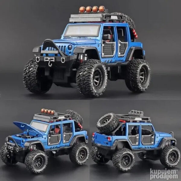 big 150576893 643a6d0c391052 704770796632b395 b68c 4 - Metalno-plastični model SUV-a Jeep Vrangler Rubicon napravljen je u razmeri 1:24. Gumeni točkovi sa šarom gazećeg sloja razrađena unutrašnjost od plastike i detaljno metalno telo daju modelu najrealističniji izgled. </p>
<p>Karakteristike modela: - razmer 1:24; - inercijski mehanizam; - Prtljažnik se otvara kada pritisnete branik; - ako pritisnete mašinu rukom ona će početi da proizvodi karakteristične zvuke; - automobil je opremljen svetlosnim i zvučnim efektima. Svetlosne i zvučne efekte napajaju baterije tipa AG-13 - uključene u komplet. Dimenzije/dimenzije: - Dužina: 20 cm - Širina: 10 cm - Visina: 12 cm Veličina pakovanja: 27 × 12 × 15 cm Pakovanje: kutija Starost: od 3 godine