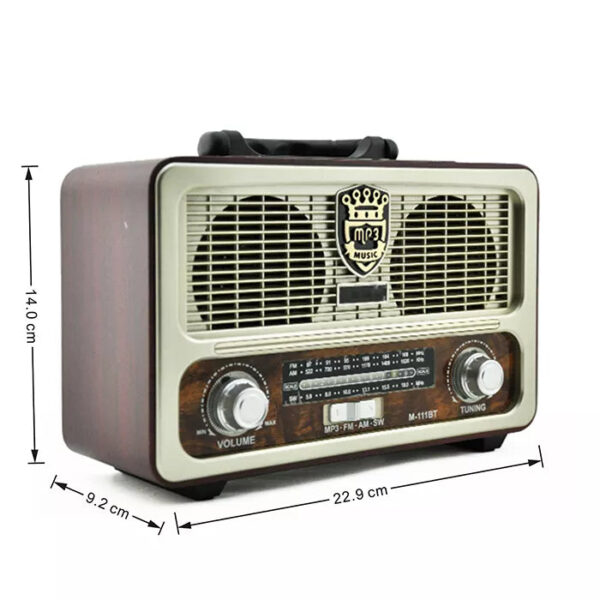 retro radio stanica M 111BT2 - Radio Meier Model: M-111BT FM Usb Bluetooth TF-memorijska kartica Dimenzije: 23x16x11cm. Može da radi na struju, baterije i punjivi akumulator.